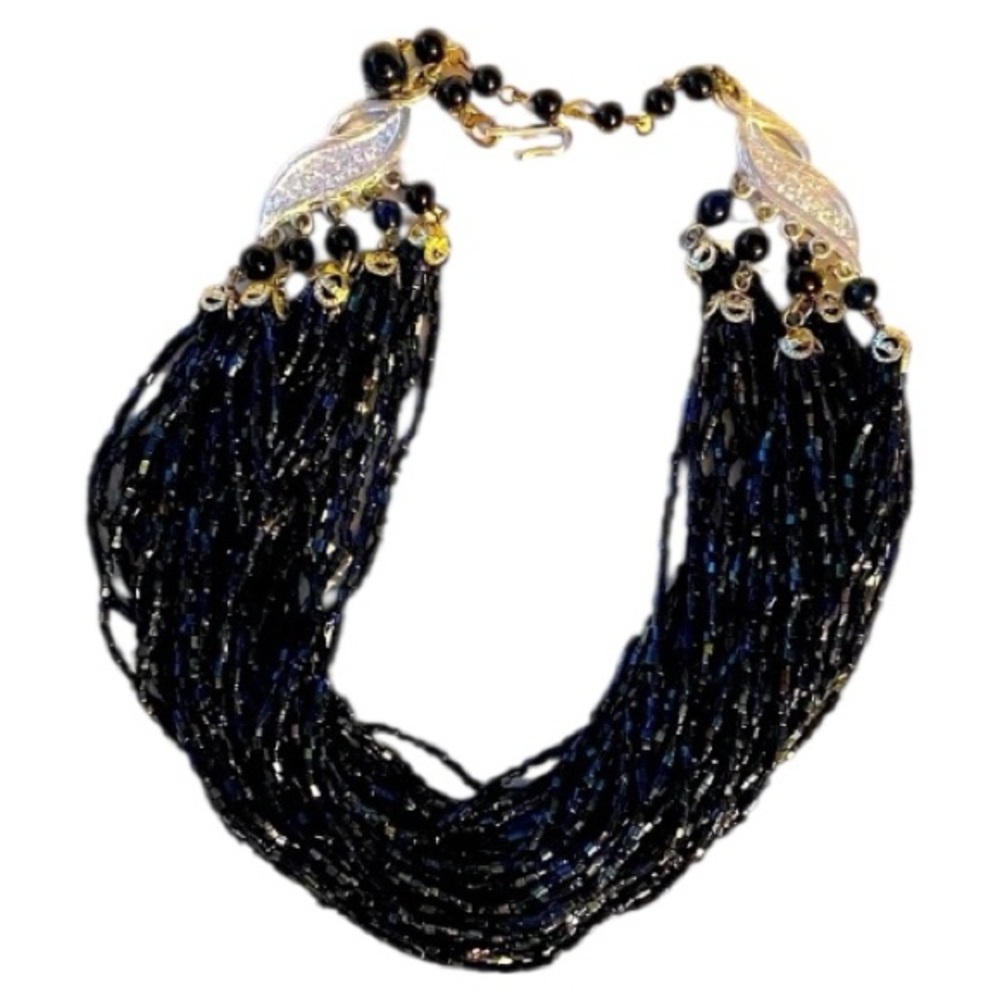 Japan Vintage 60s Choker Necklace, Navy Blue, Seed Beads, Multi strand, Signed